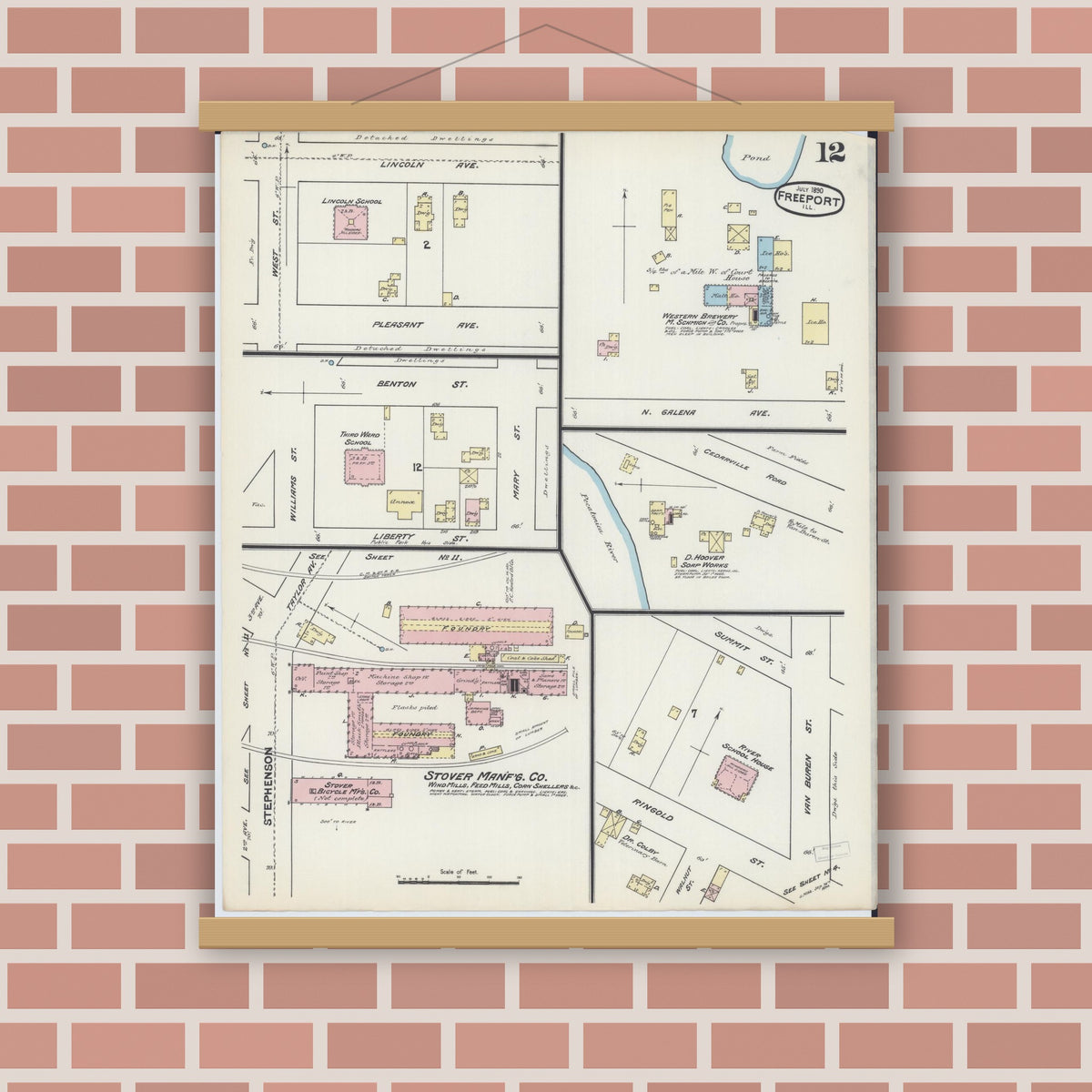Old map wall art mockup — magnetic wood frame on brick wall — Sanborn Fire Insurance Map from Freeport, Stephenson County, Illinois (1890), Sheet #0012