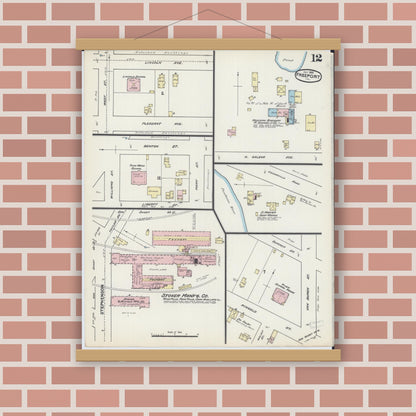 Old map wall art mockup — magnetic wood frame on brick wall — Sanborn Fire Insurance Map from Freeport, Stephenson County, Illinois (1890), Sheet #0012