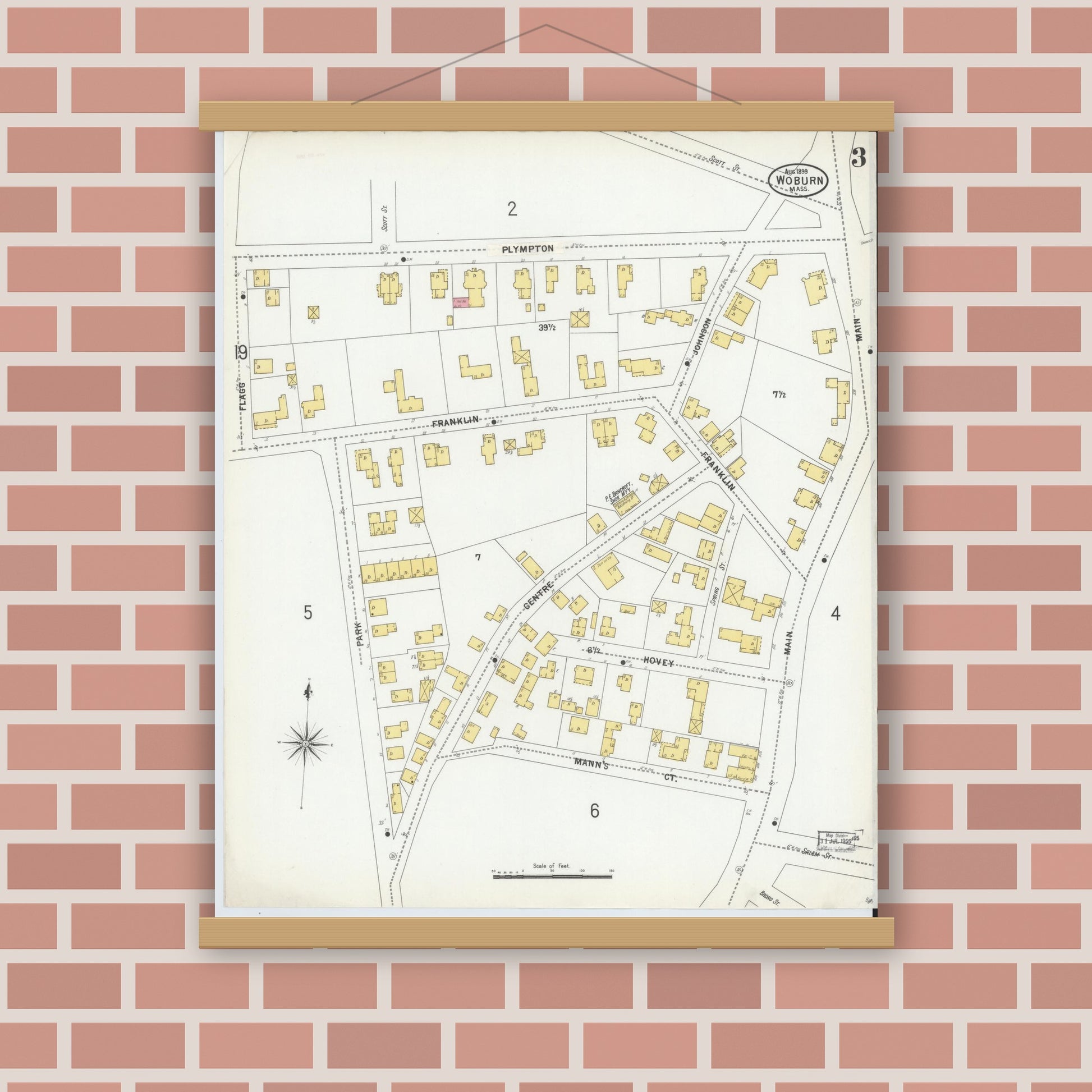 Old map wall art mockup — magnetic wood frame on brick wall — Sanborn Fire Insurance Map from Woburn, Middlesex County, Massachusetts (1899), Sheet #0003