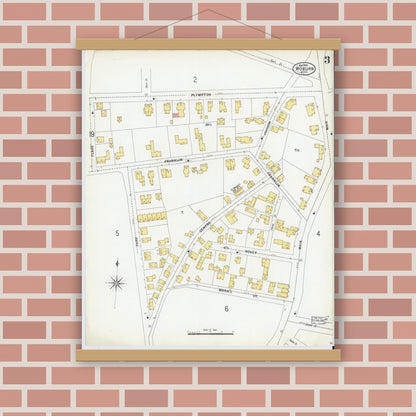 Old map wall art mockup — magnetic wood frame on brick wall — Sanborn Fire Insurance Map from Woburn, Middlesex County, Massachusetts (1899), Sheet #0003