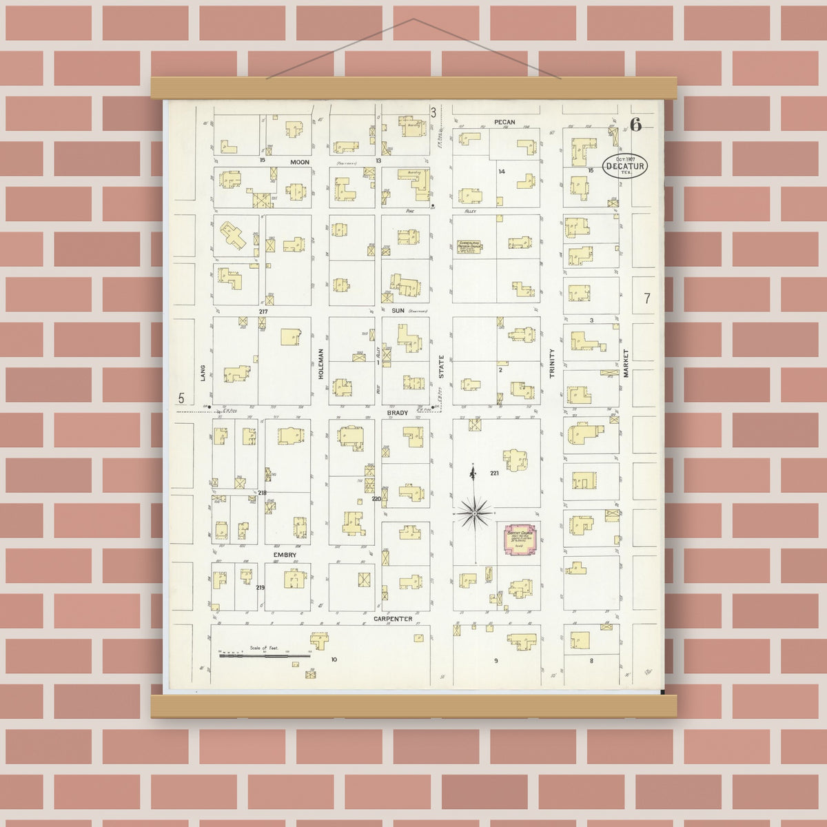 Old map wall art mockup — magnetic wood frame on brick wall — Sanborn Fire Insurance Map from Decatur, Wise County, Texas (1907), Sheet #0006