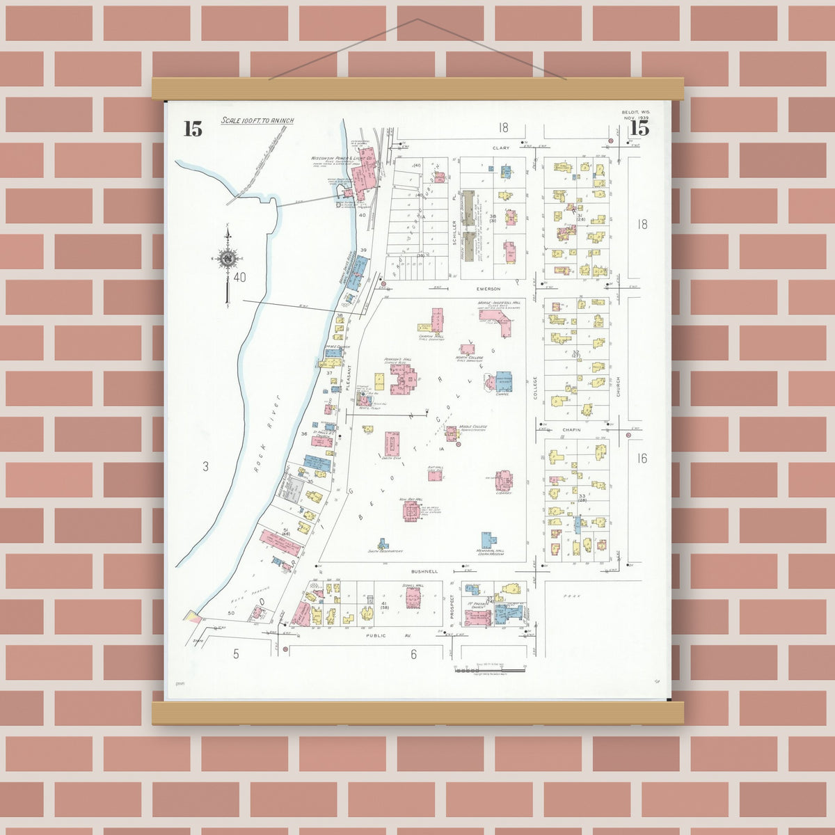 Old map wall art mockup — magnetic wood frame on brick wall — Sanborn Fire Insurance Map from Beloit, Rock County, Wisconsin (1939), Sheet #0015
