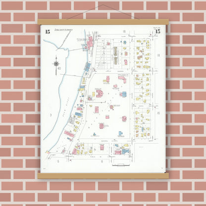 Old map wall art mockup — magnetic wood frame on brick wall — Sanborn Fire Insurance Map from Beloit, Rock County, Wisconsin (1939), Sheet #0015