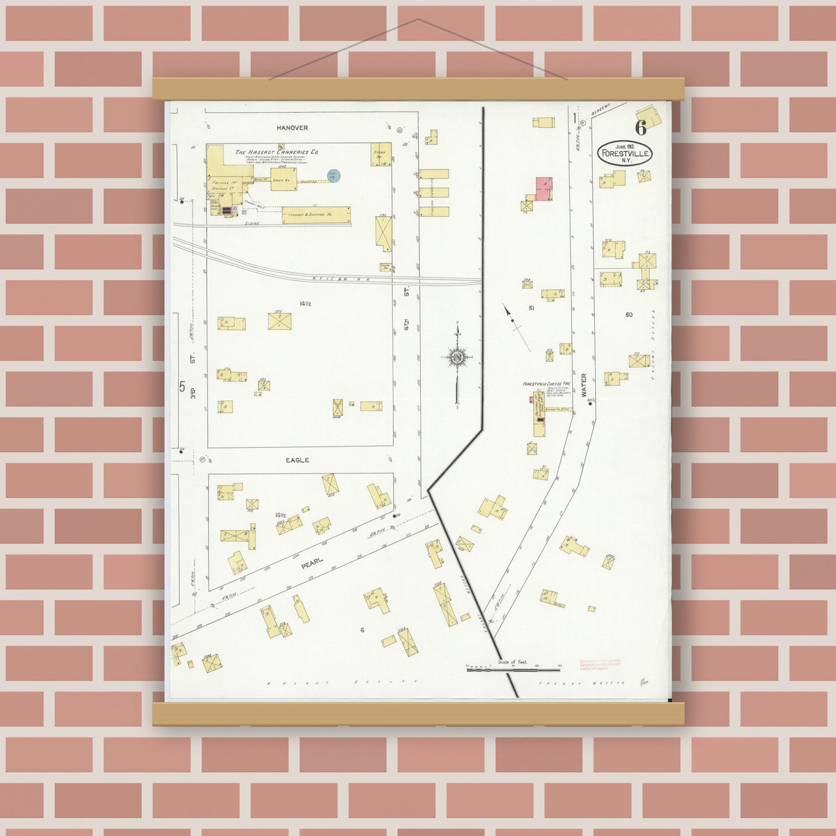 Old map wall art mockup — magnetic wood frame on brick wall — Sanborn Fire Insurance Map from Forestville, Chautauqua County, New York (1912), Sheet #0006