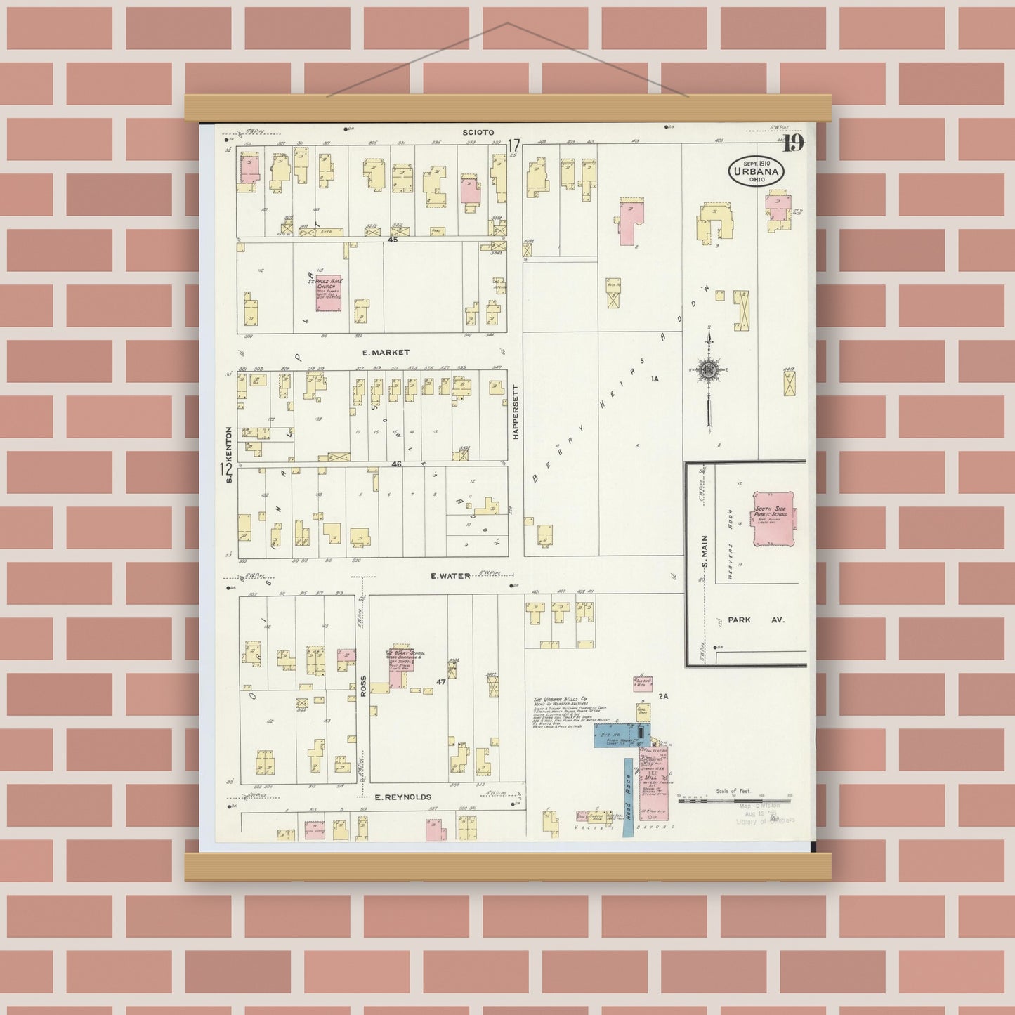 Old map wall art mockup — magnetic wood frame on brick wall — Sanborn Fire Insurance Map from Urbana, Champaign County, Ohio (1910), Sheet #0019