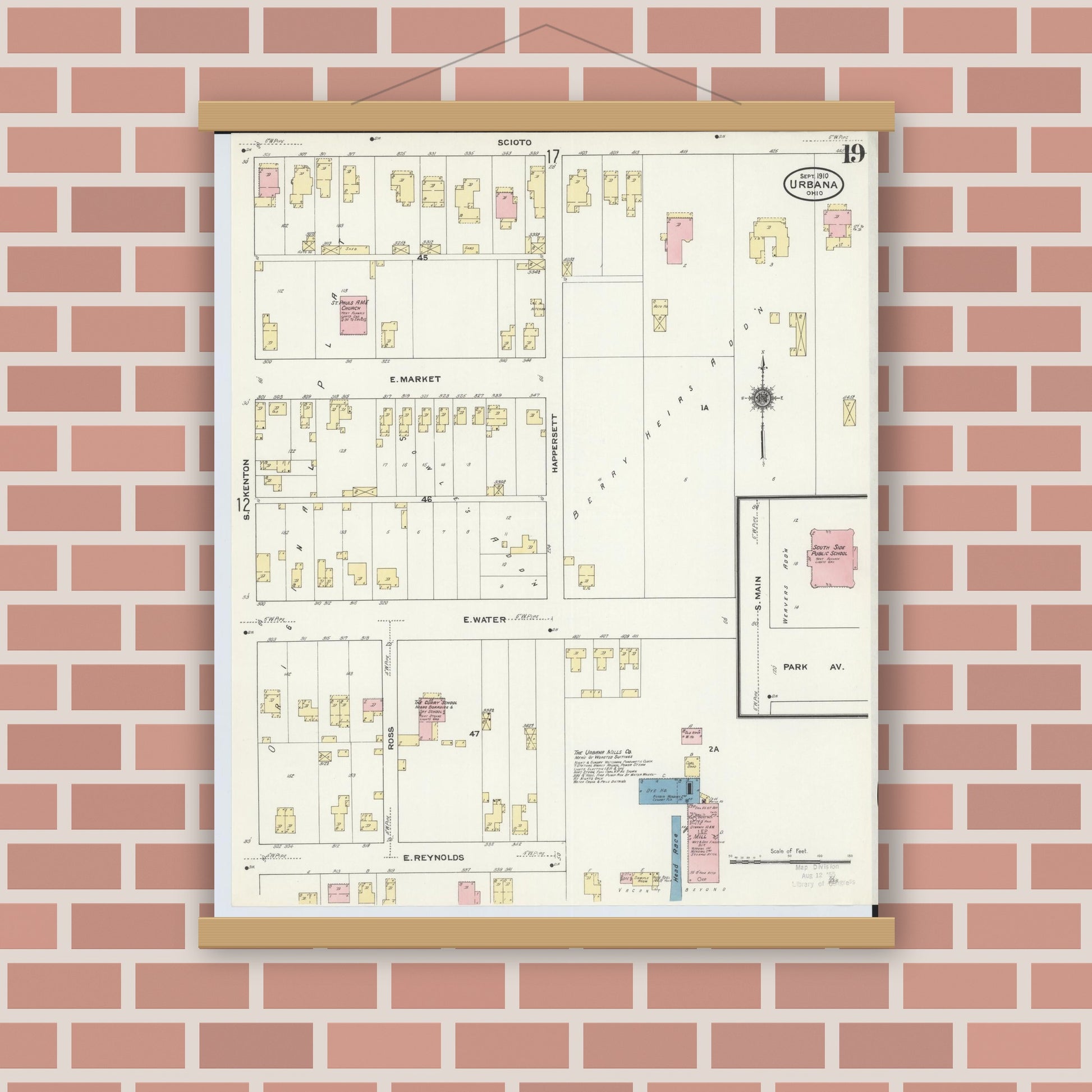 Old map wall art mockup — magnetic wood frame on brick wall — Sanborn Fire Insurance Map from Urbana, Champaign County, Ohio (1910), Sheet #0019