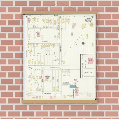 Old map wall art mockup — magnetic wood frame on brick wall — Sanborn Fire Insurance Map from Urbana, Champaign County, Ohio (1910), Sheet #0019