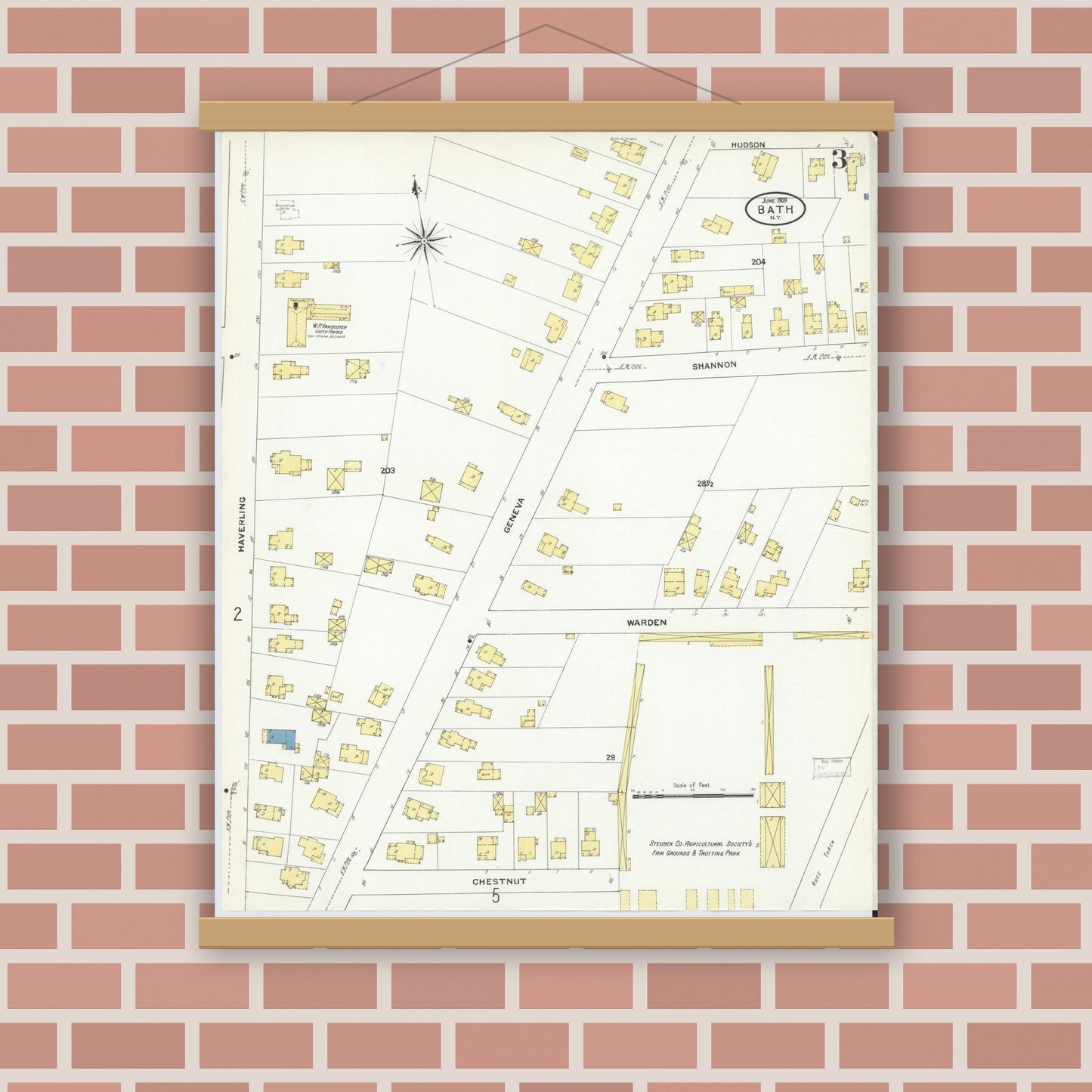 Old map wall art mockup — magnetic wood frame on brick wall — Sanborn Fire Insurance Map from Bath, Steuben County, New York (1909), Sheet #0003