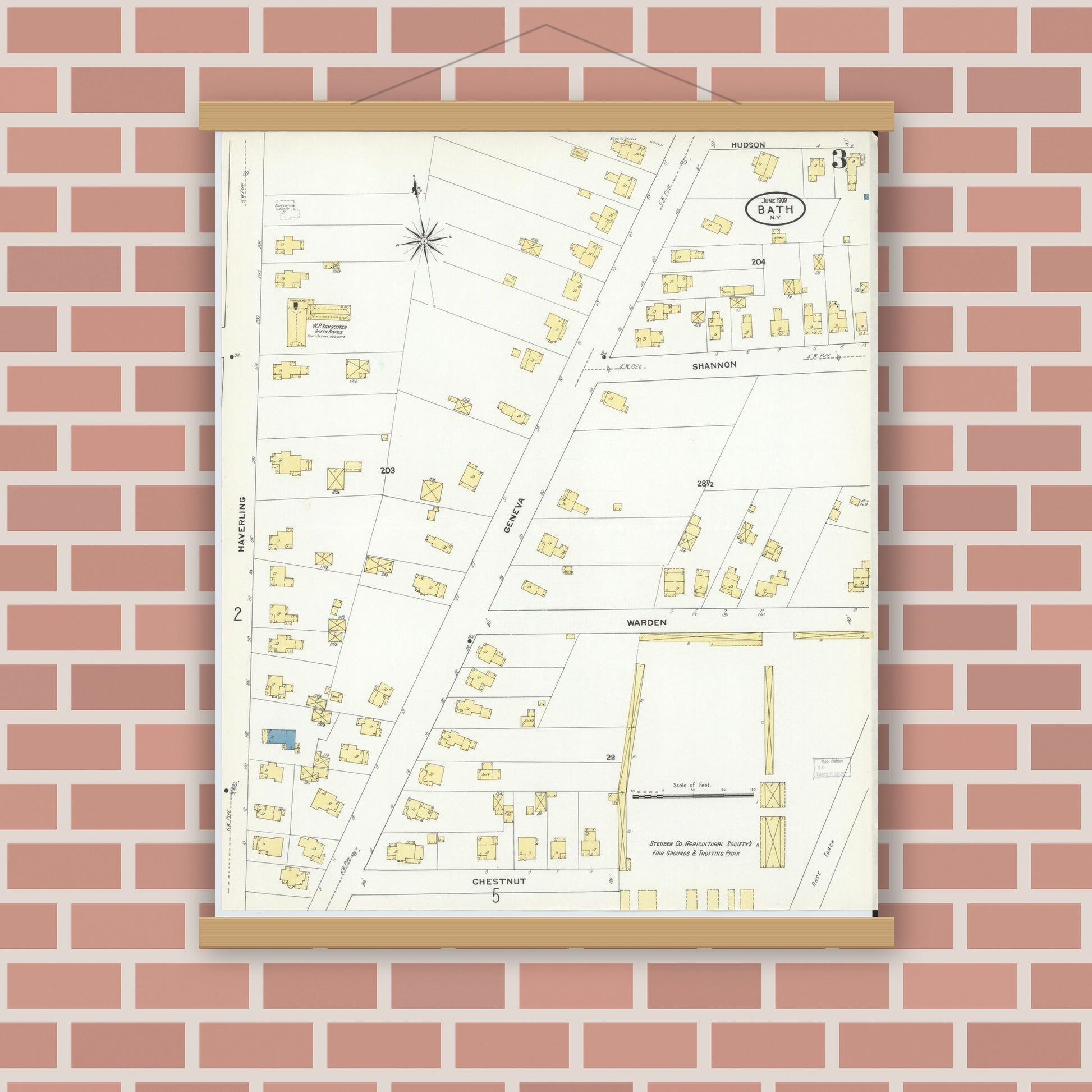 Old map wall art mockup — magnetic wood frame on brick wall — Sanborn Fire Insurance Map from Bath, Steuben County, New York (1909), Sheet #0003