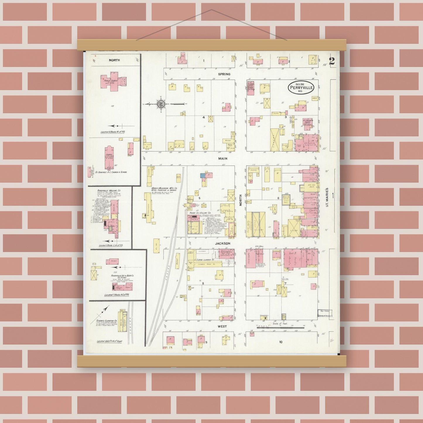 Old map wall art mockup — magnetic wood frame on brick wall — Sanborn Fire Insurance Map from Perryville, Perry County, Missouri (1911), Sheet #0002