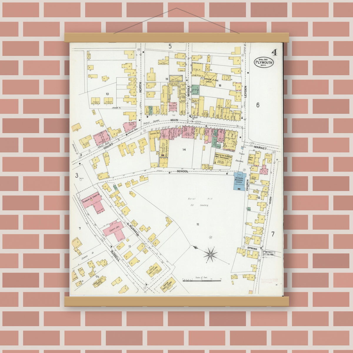 Old map wall art mockup — magnetic wood frame on brick wall — Sanborn Fire Insurance Map from Plymouth, Plymouth County, Massachusetts (1901), Sheet #0004