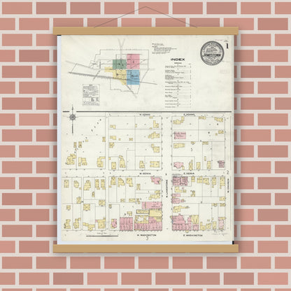 Old map wall art mockup — magnetic wood frame on brick wall — Sanborn Fire Insurance Map from Jamestown, Greene County, Ohio (1910) - Complete Map Set