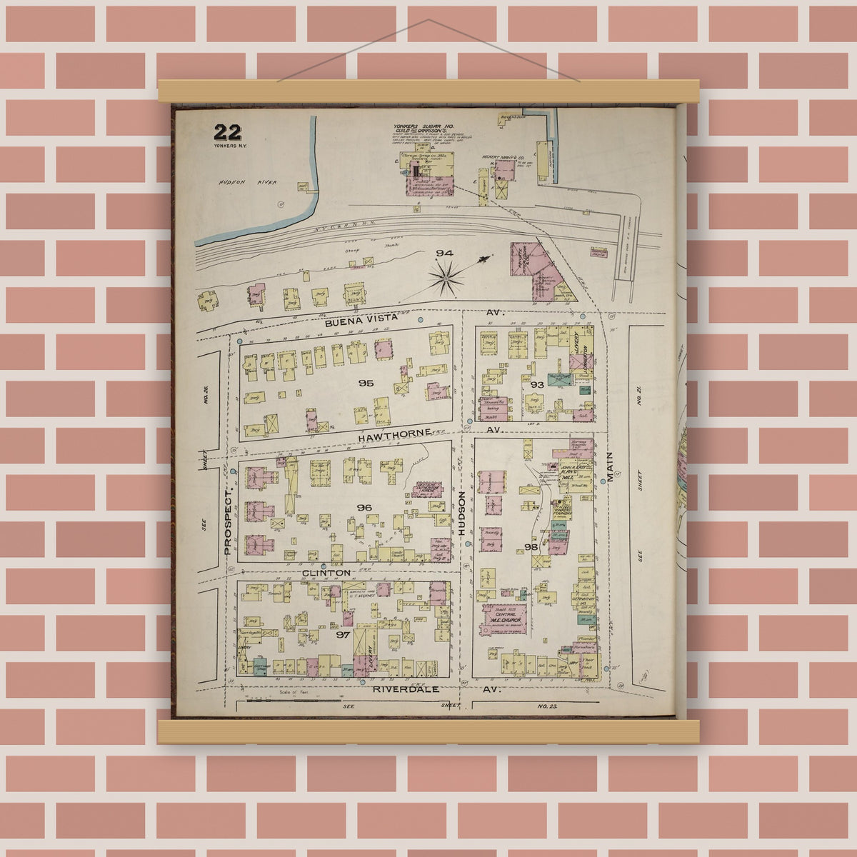 Old map wall art mockup — magnetic wood frame on brick wall — Sanborn Fire Insurance Map from Yonkers, Westchester County, New York (1886), Sheet #0022