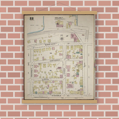 Old map wall art mockup — magnetic wood frame on brick wall — Sanborn Fire Insurance Map from Yonkers, Westchester County, New York (1886), Sheet #0022