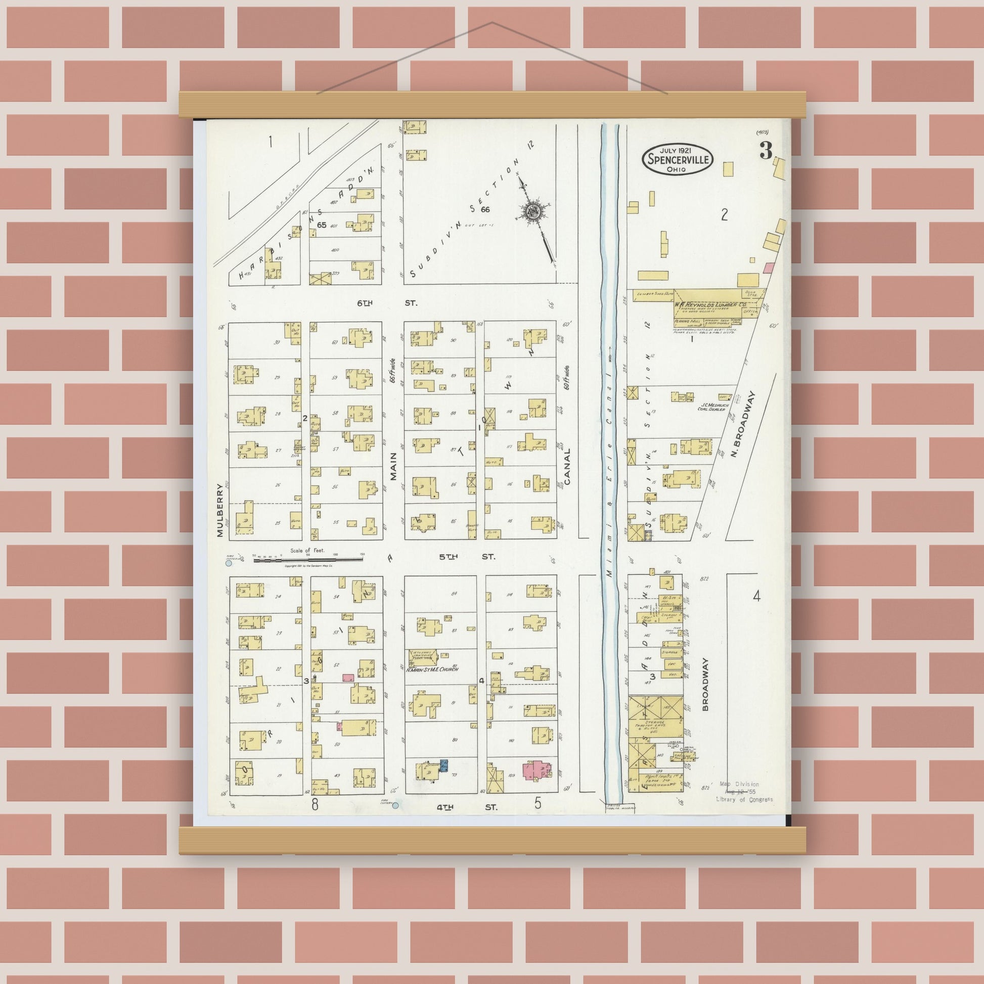 Old map wall art mockup — magnetic wood frame on brick wall — Sanborn Fire Insurance Map from Spencerville, Allen County, Ohio (1921), Sheet #0003