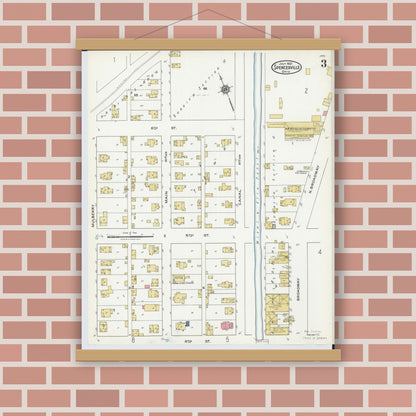 Old map wall art mockup — magnetic wood frame on brick wall — Sanborn Fire Insurance Map from Spencerville, Allen County, Ohio (1921), Sheet #0003