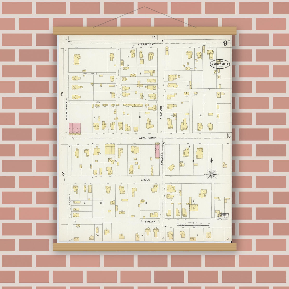 Old map wall art mockup — magnetic wood frame on brick wall — Sanborn Fire Insurance Map from Gainesville, Cooke County, Texas (1897), Sheet #0009