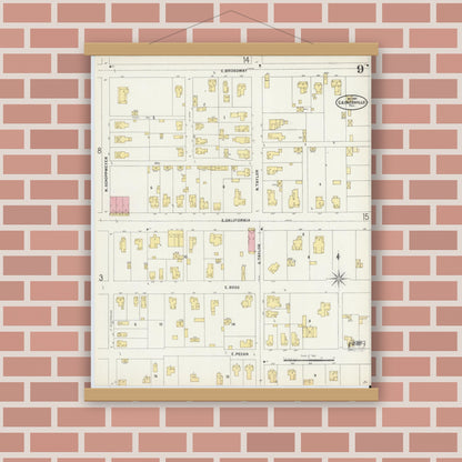 Old map wall art mockup — magnetic wood frame on brick wall — Sanborn Fire Insurance Map from Gainesville, Cooke County, Texas (1897), Sheet #0009