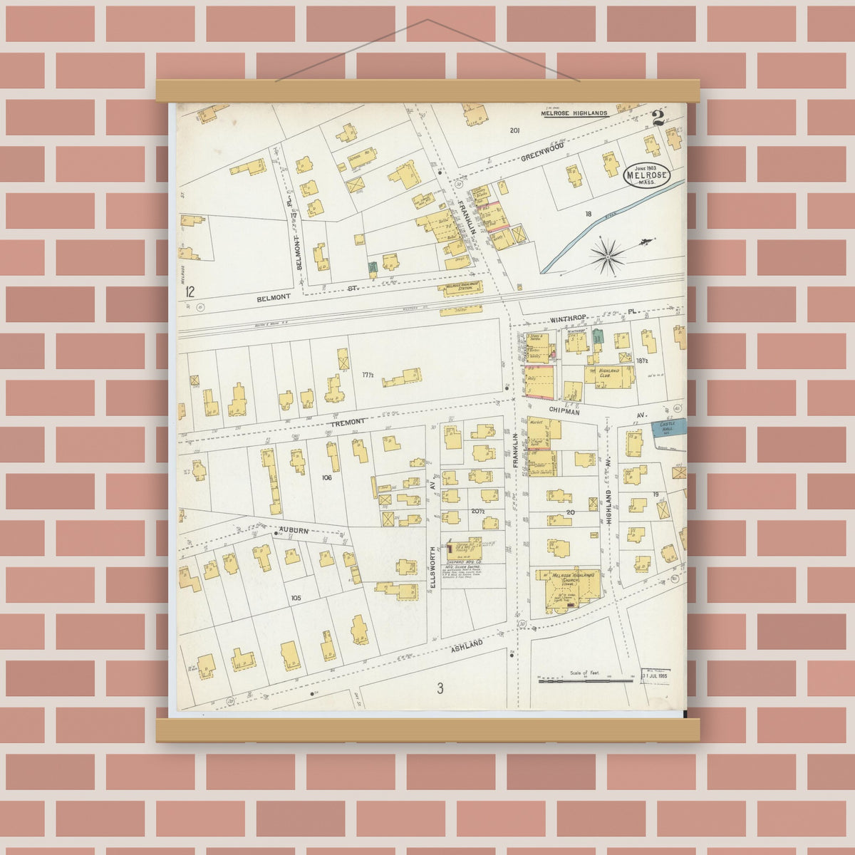 Old map wall art mockup — magnetic wood frame on brick wall — Sanborn Fire Insurance Map from Melrose, Middlesex County, Massachusetts (1903), Sheet #0002