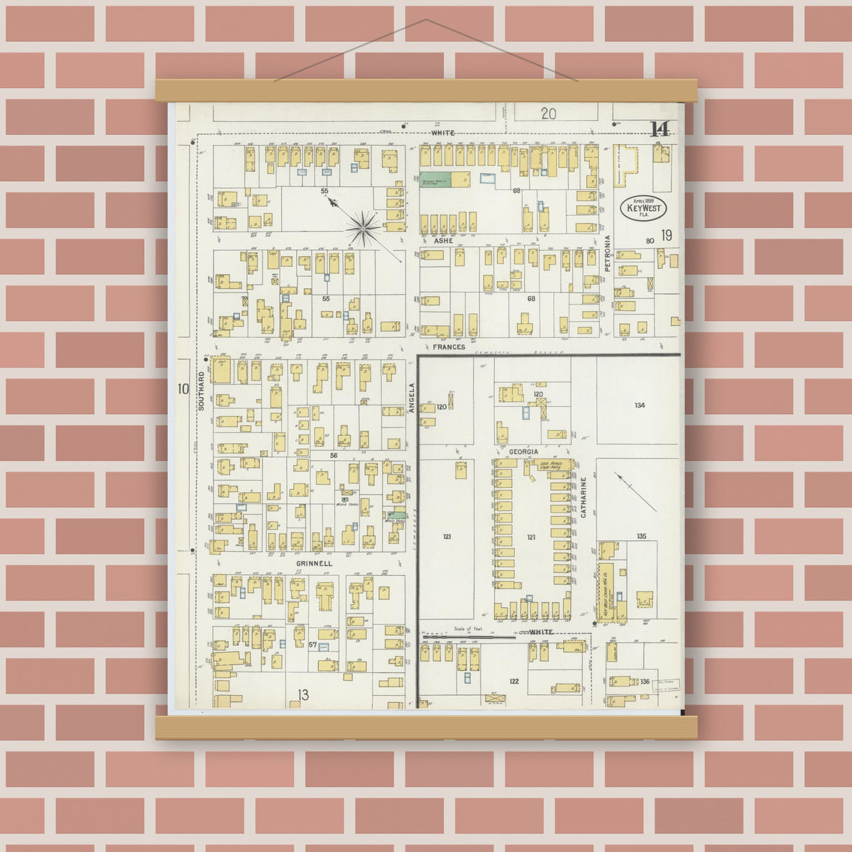 Old map wall art mockup — magnetic wood frame on brick wall — Sanborn Fire Insurance Map from Key West, Monroe County, Florida (1899), Sheet #0014