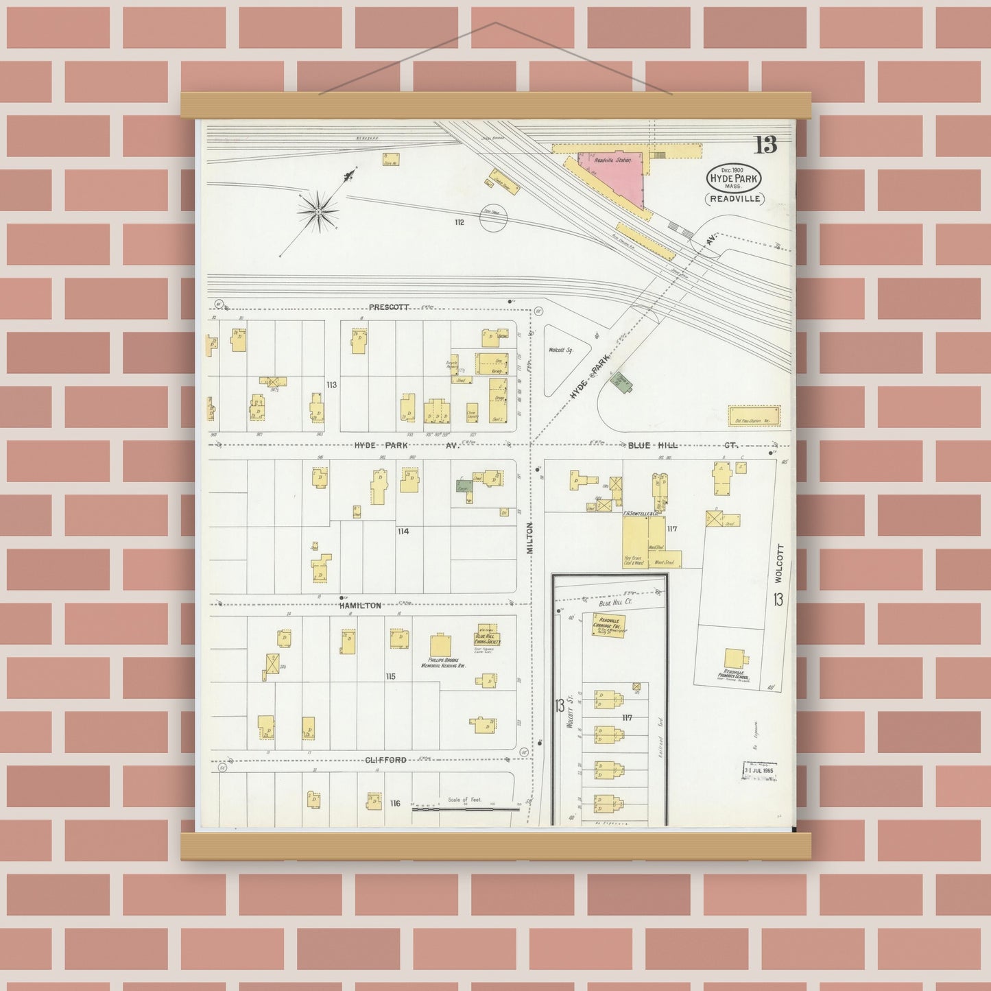 Old map wall art mockup — magnetic wood frame on brick wall — Sanborn Fire Insurance Map from Hyde Park, Norfolk County, Massachusetts (1900), Sheet #0013