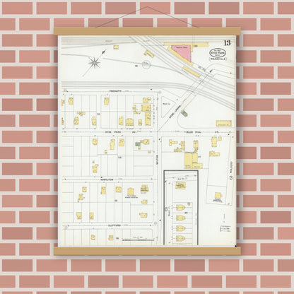 Old map wall art mockup — magnetic wood frame on brick wall — Sanborn Fire Insurance Map from Hyde Park, Norfolk County, Massachusetts (1900), Sheet #0013