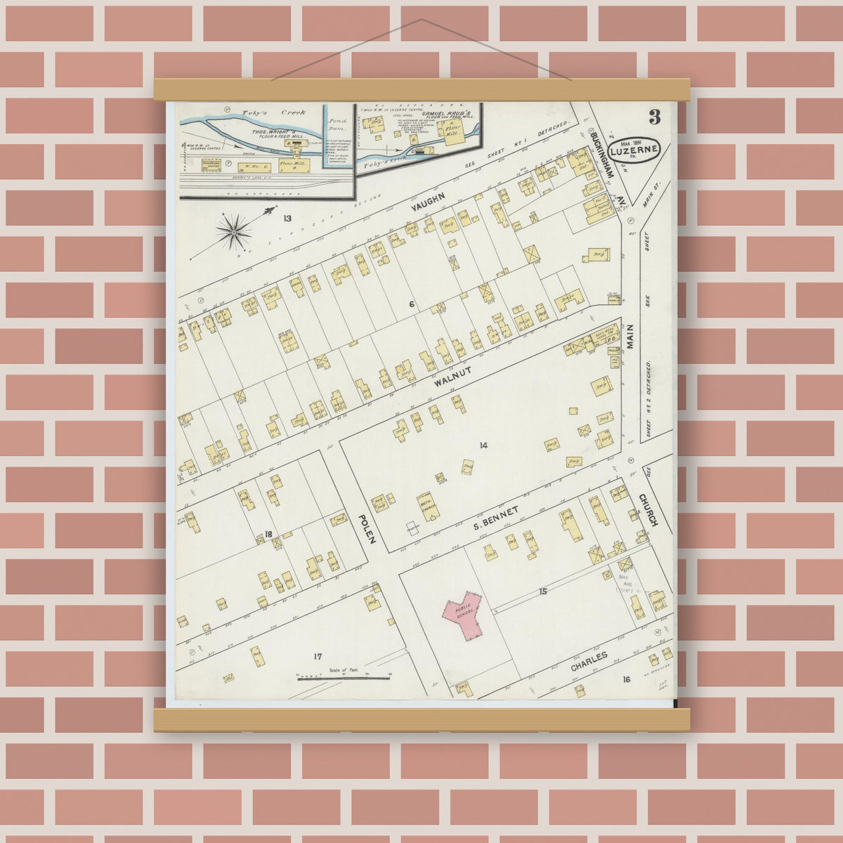 Old map wall art mockup — magnetic wood frame on brick wall — Sanborn Fire Insurance Map from Luzerne, Luzerne County, Pennsylvania (1891), Sheet #0003