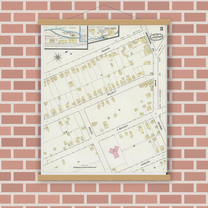 Old map wall art mockup — magnetic wood frame on brick wall — Sanborn Fire Insurance Map from Luzerne, Luzerne County, Pennsylvania (1891), Sheet #0003