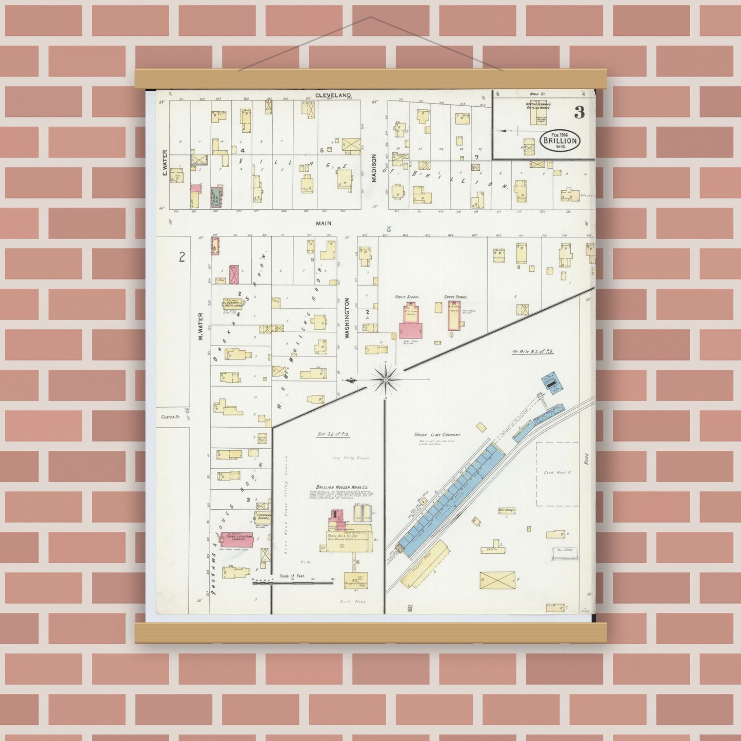 Old map wall art mockup — magnetic wood frame on brick wall — Sanborn Fire Insurance Map from Brillion, Calumet County, Wisconsin (1906), Sheet #0003