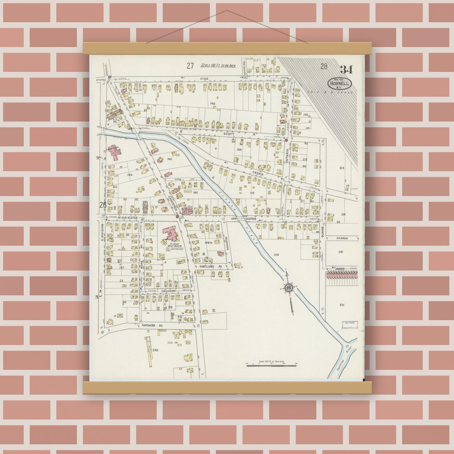 Old map wall art mockup — magnetic wood frame on brick wall — Sanborn Fire Insurance Map from Hornell, Steuben County, New York (1915), Sheet #0034