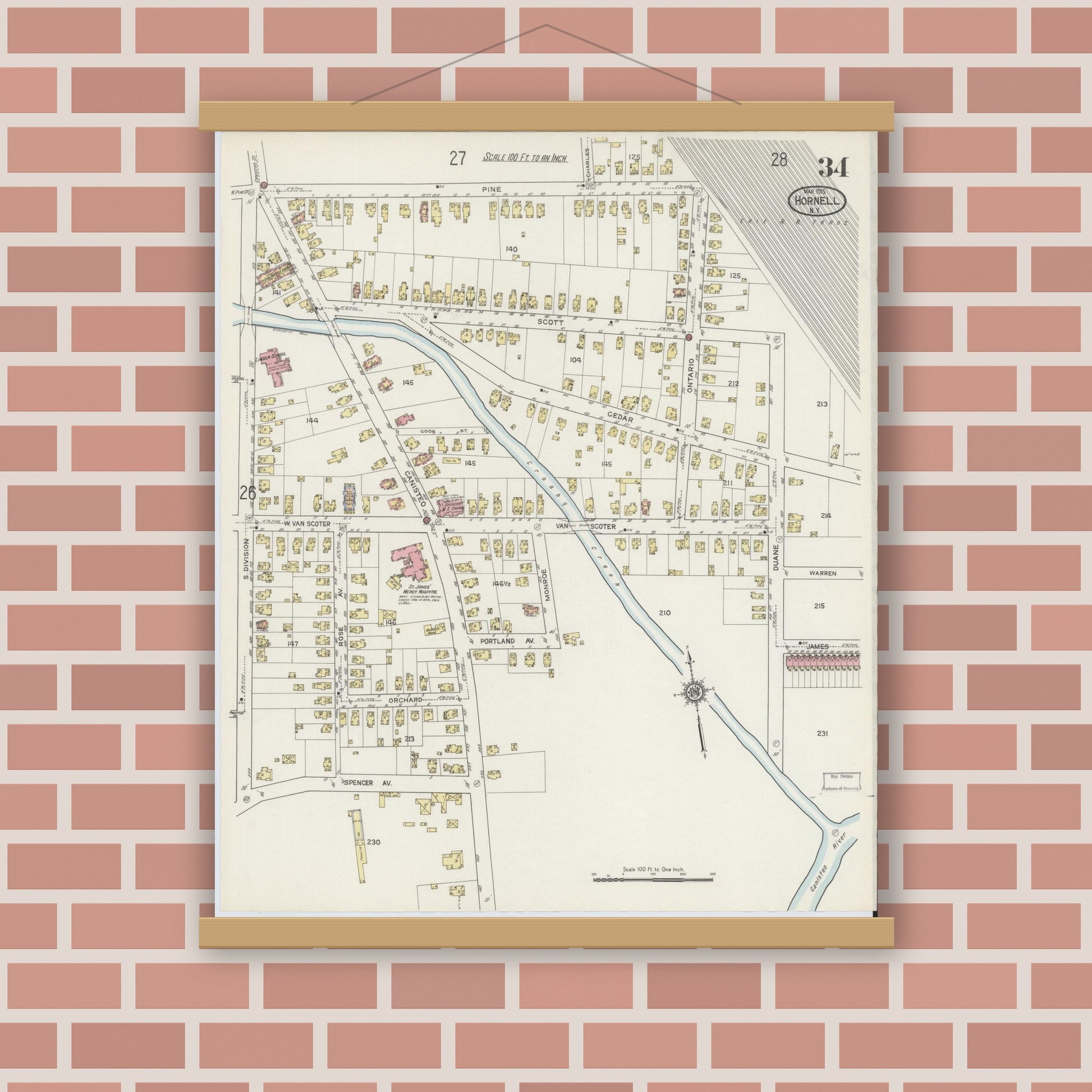 Old map wall art mockup — magnetic wood frame on brick wall — Sanborn Fire Insurance Map from Hornell, Steuben County, New York (1915), Sheet #0034