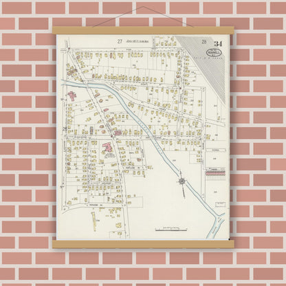 Old map wall art mockup — magnetic wood frame on brick wall — Sanborn Fire Insurance Map from Hornell, Steuben County, New York (1915), Sheet #0034