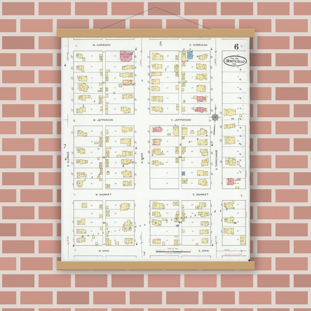 Old map wall art mockup — magnetic wood frame on brick wall — Sanborn Fire Insurance Map from Monticello, White County, Indiana (1919), Sheet #0006