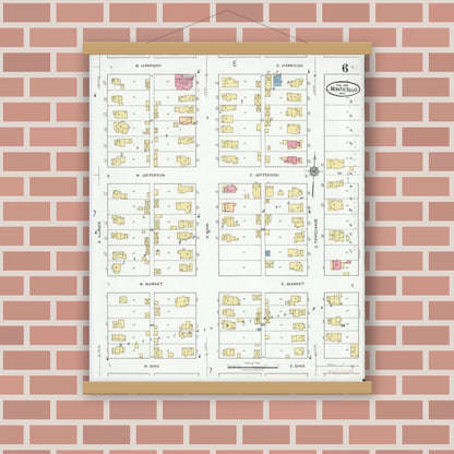 Old map wall art mockup — magnetic wood frame on brick wall — Sanborn Fire Insurance Map from Monticello, White County, Indiana (1919), Sheet #0006