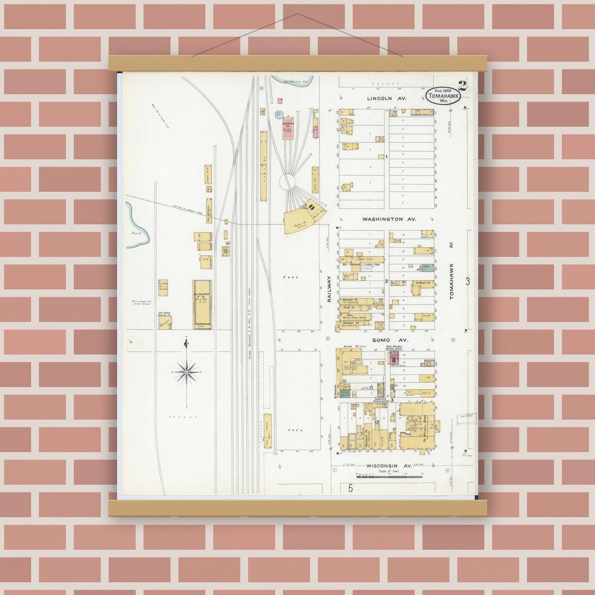 Old map wall art mockup — magnetic wood frame on brick wall — Sanborn Fire Insurance Map from Tomahawk, Lincoln County, Wisconsin (1908), Sheet #0002