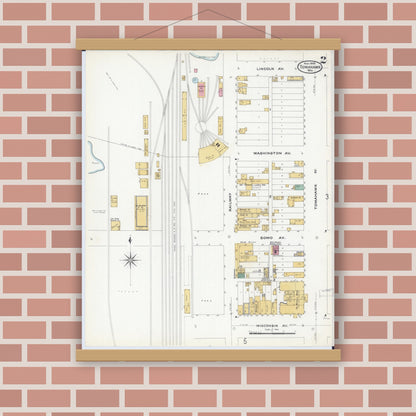 Old map wall art mockup — magnetic wood frame on brick wall — Sanborn Fire Insurance Map from Tomahawk, Lincoln County, Wisconsin (1908), Sheet #0002