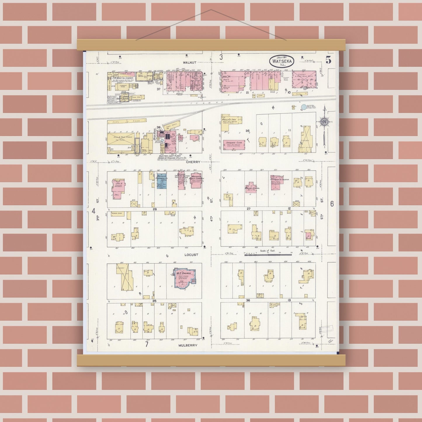 Old map wall art mockup — magnetic wood frame on brick wall — Sanborn Fire Insurance Map from Watseka, Iroquois County, Illinois (1911), Sheet #0005