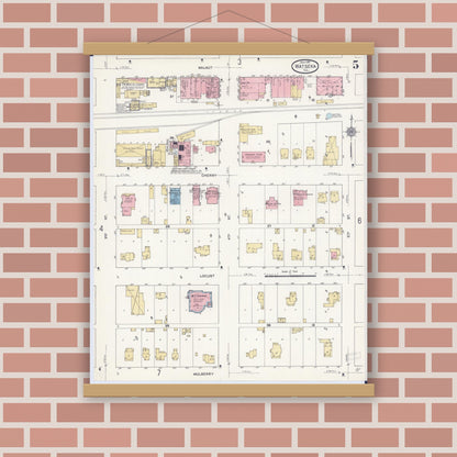 Old map wall art mockup — magnetic wood frame on brick wall — Sanborn Fire Insurance Map from Watseka, Iroquois County, Illinois (1911), Sheet #0005