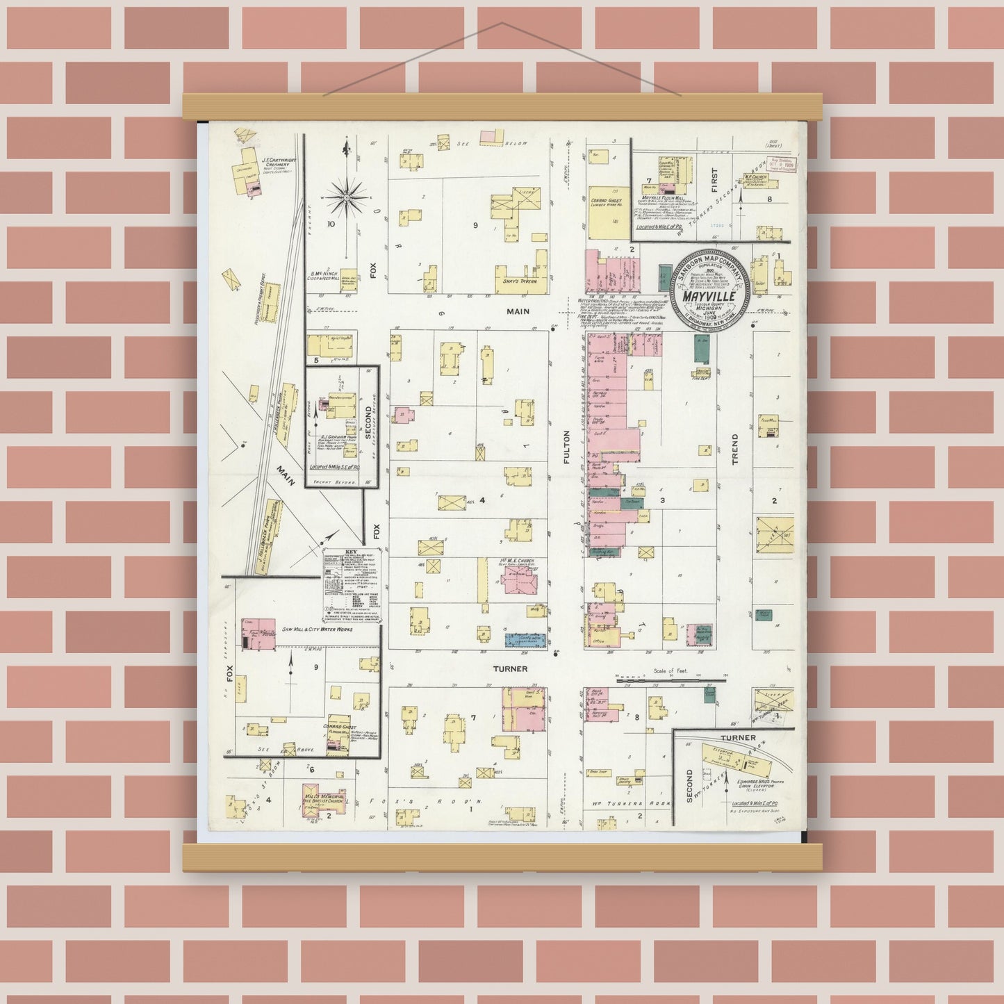 Old map wall art mockup — magnetic wood frame on brick wall — Sanborn Fire Insurance Map from Mayville, Tuscola County, Michigan (1909), Sheet #0001