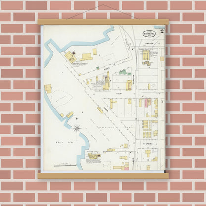 Old map wall art mockup — magnetic wood frame on brick wall — Sanborn Fire Insurance Map from Whitehall, Muskegon County, Michigan (1896), Sheet #0002
