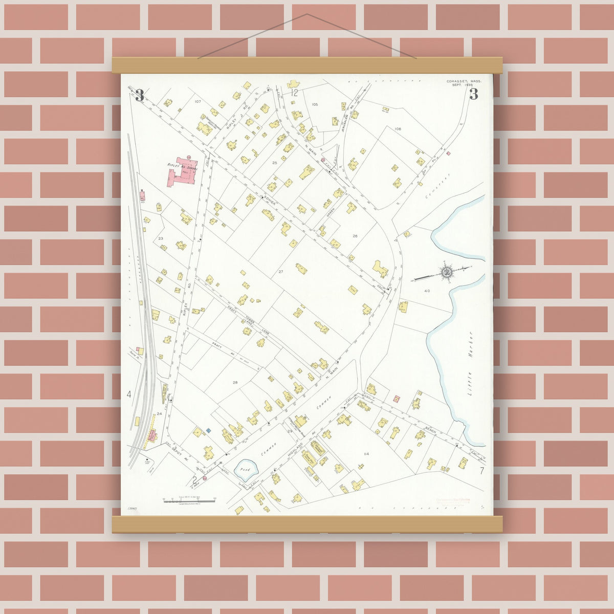 Old map wall art mockup — magnetic wood frame on brick wall — Sanborn Fire Insurance Map from Cohasset, Norfolk County, Massachusetts (1935), Sheet #0003