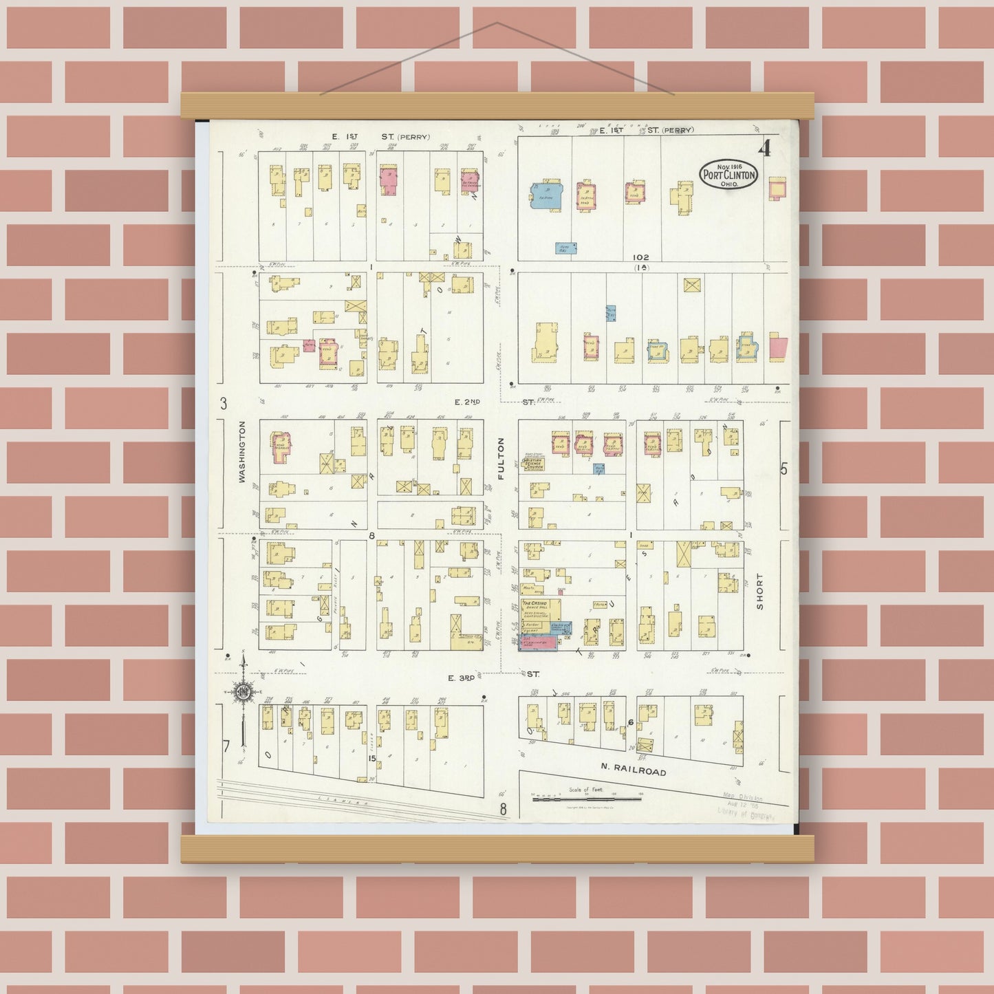 Old map wall art mockup — magnetic wood frame on brick wall — Sanborn Fire Insurance Map from Port Clinton, Ottawa County, Ohio (1916), Sheet #0004