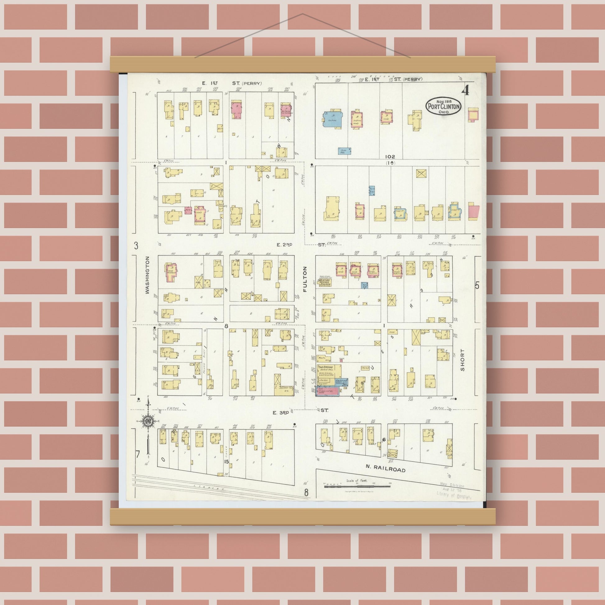 Old map wall art mockup — magnetic wood frame on brick wall — Sanborn Fire Insurance Map from Port Clinton, Ottawa County, Ohio (1916), Sheet #0004