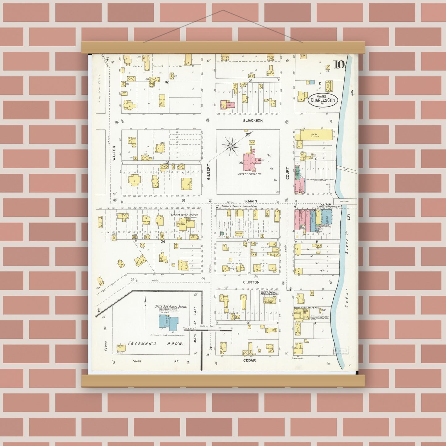 Old map wall art mockup — magnetic wood frame on brick wall — Sanborn Fire Insurance Map from Charles City, Floyd County, Iowa (1902), Sheet #0010