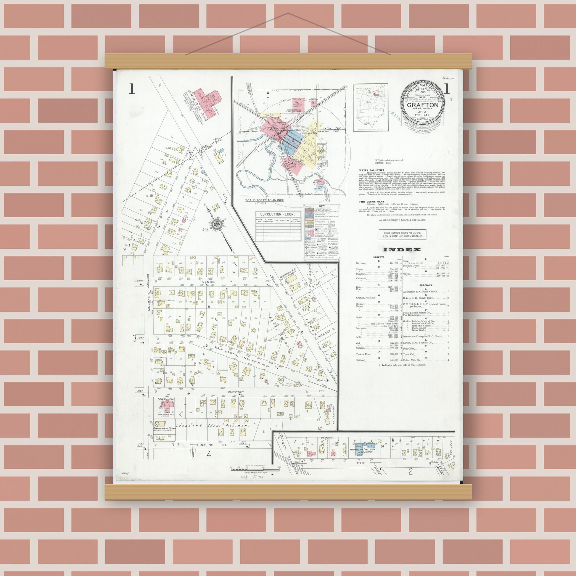 Old map wall art mockup — magnetic wood frame on brick wall — Sanborn Fire Insurance Map from Grafton, Lorain County, Ohio (1946) - Complete Map Set