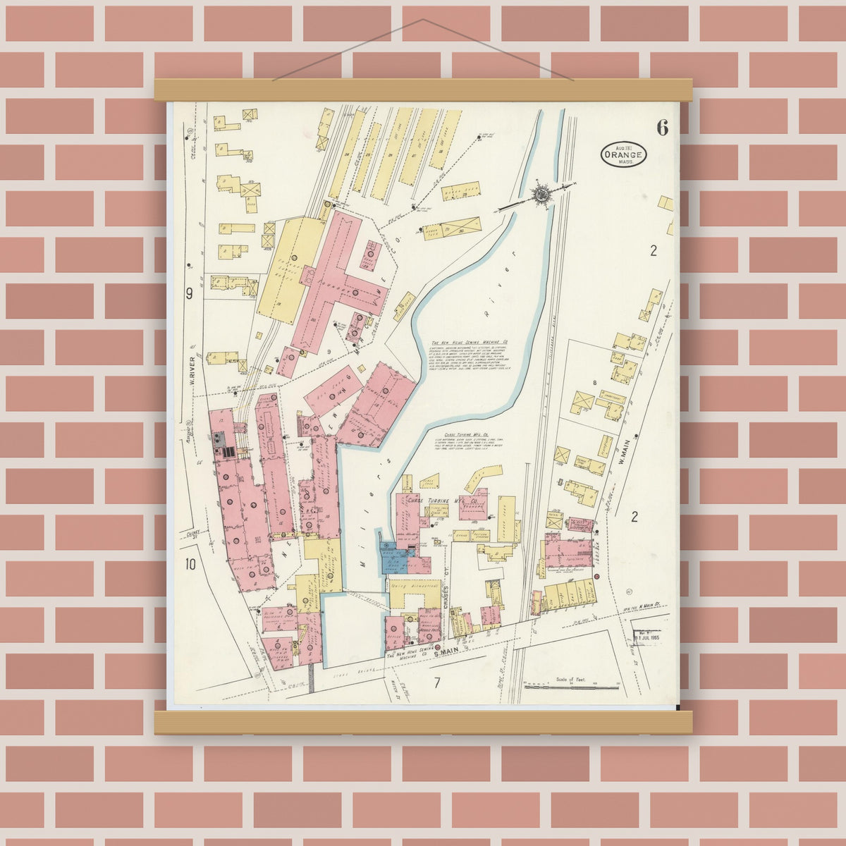 Old map wall art mockup — magnetic wood frame on brick wall — Sanborn Fire Insurance Map from Orange, Franklin County, Massachusetts (1911), Sheet #0006