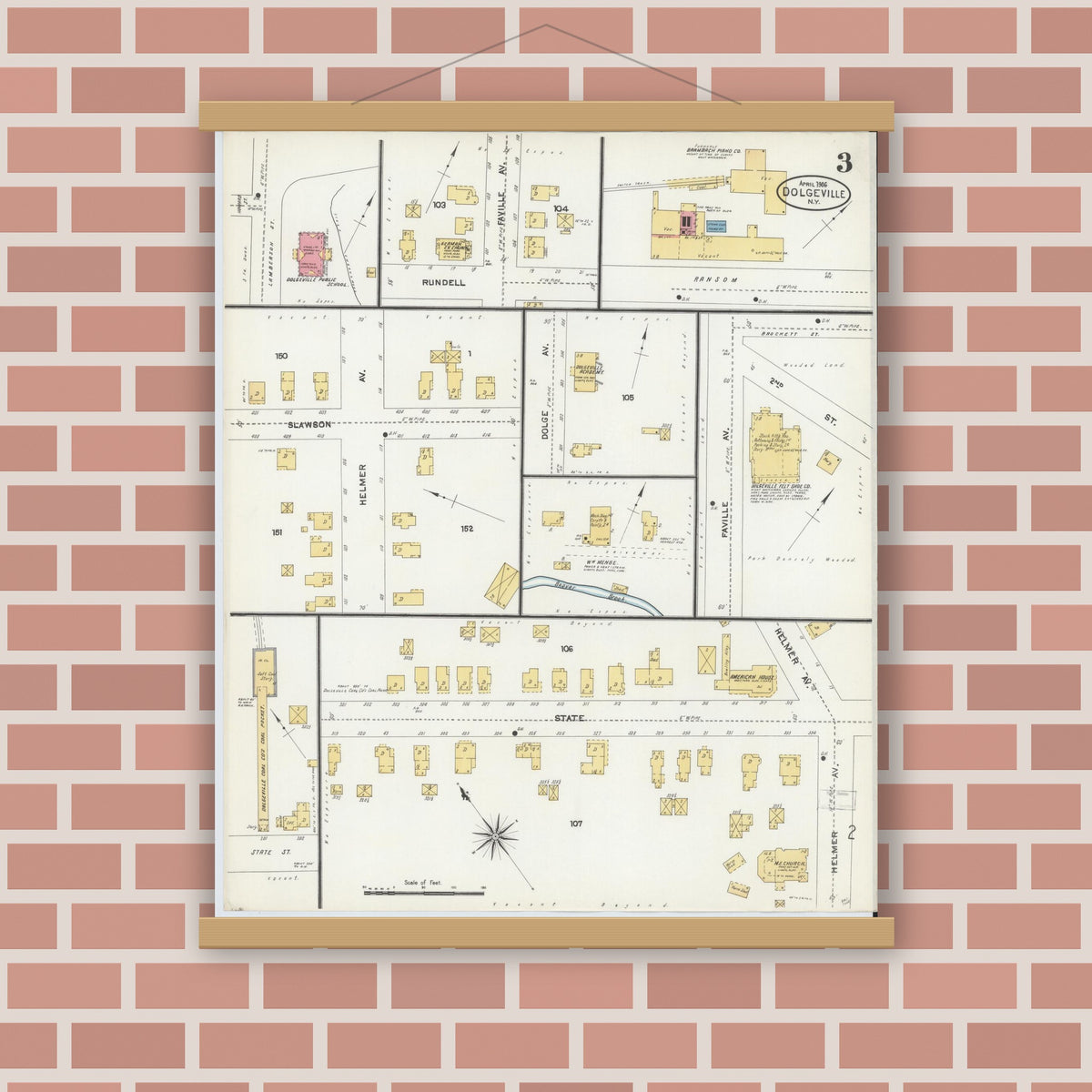 Old map wall art mockup — magnetic wood frame on brick wall — Sanborn Fire Insurance Map from Dolgeville, Hirkimer County, New York (1906), Sheet #0003