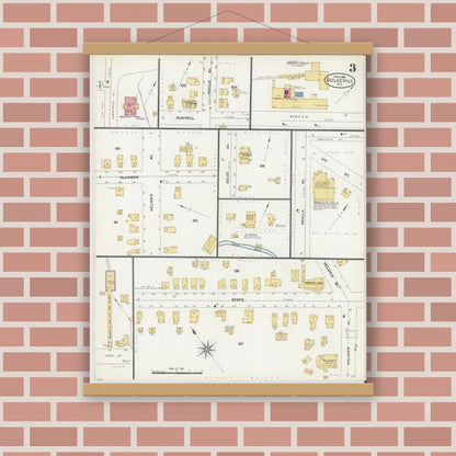 Old map wall art mockup — magnetic wood frame on brick wall — Sanborn Fire Insurance Map from Dolgeville, Hirkimer County, New York (1906), Sheet #0003