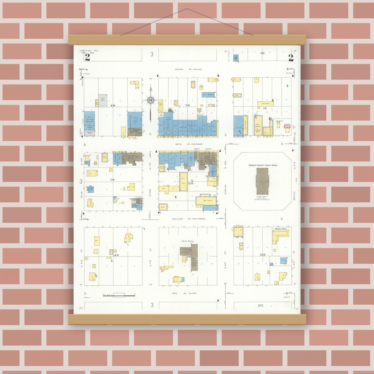 Old map wall art mockup — magnetic wood frame on brick wall — Sanborn Fire Insurance Map from Junction, Kimble County, Texas (1933), Sheet #0002