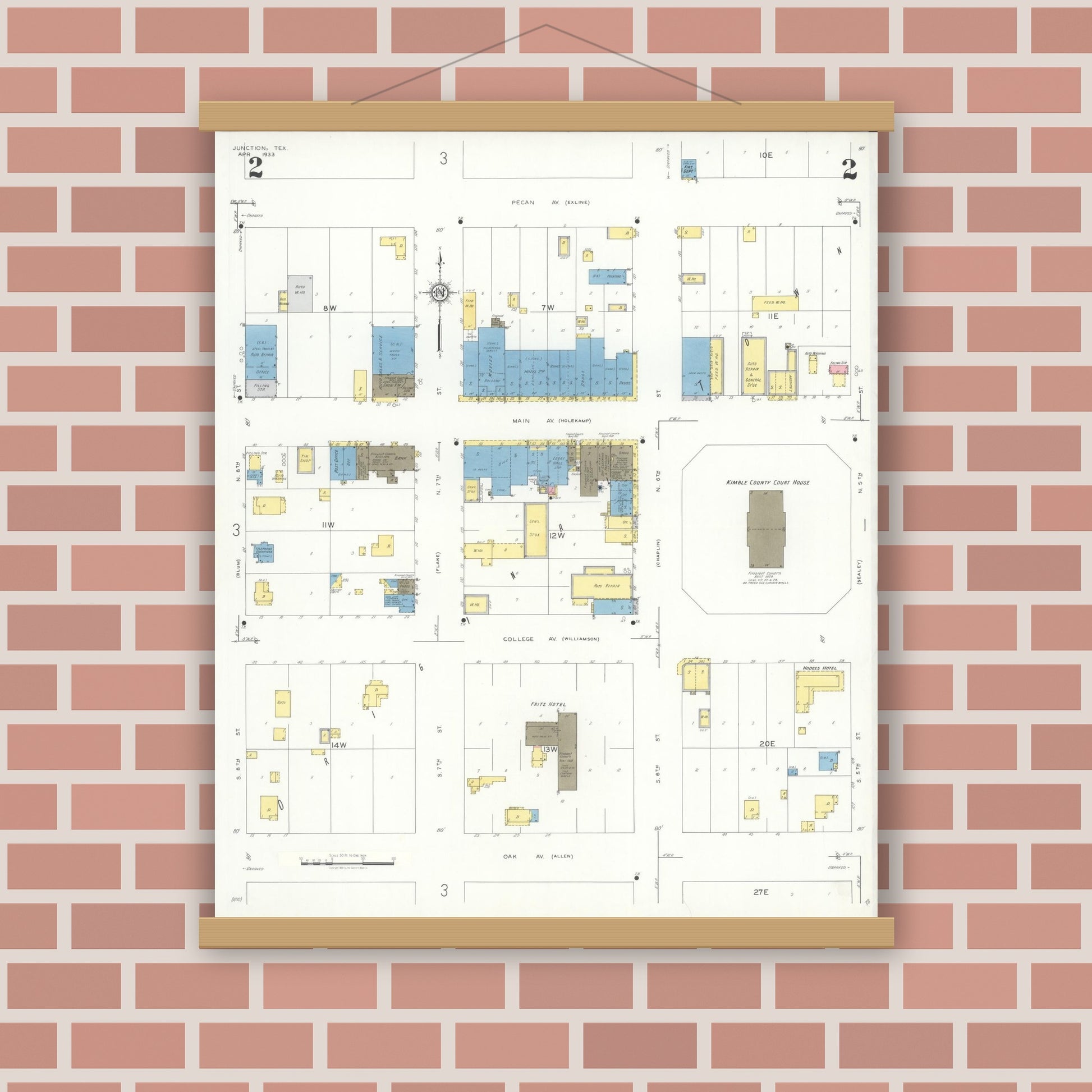 Old map wall art mockup — magnetic wood frame on brick wall — Sanborn Fire Insurance Map from Junction, Kimble County, Texas (1933), Sheet #0002